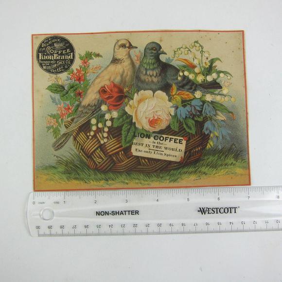 Victorian Trade Card LARGE Woolson Spice Lion Coffee Flowers Basket Dove Birds - Picture 2 of 12